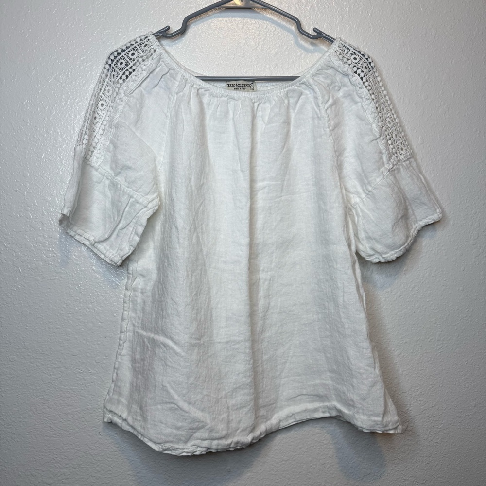 Terzo Millennio White Linen Blouse Crochet Accents Short Bell Sleeve Size Large